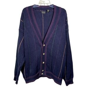 Structure Vintage Cardigan XL Ramie Striped Navy 90s Grandpa Knit